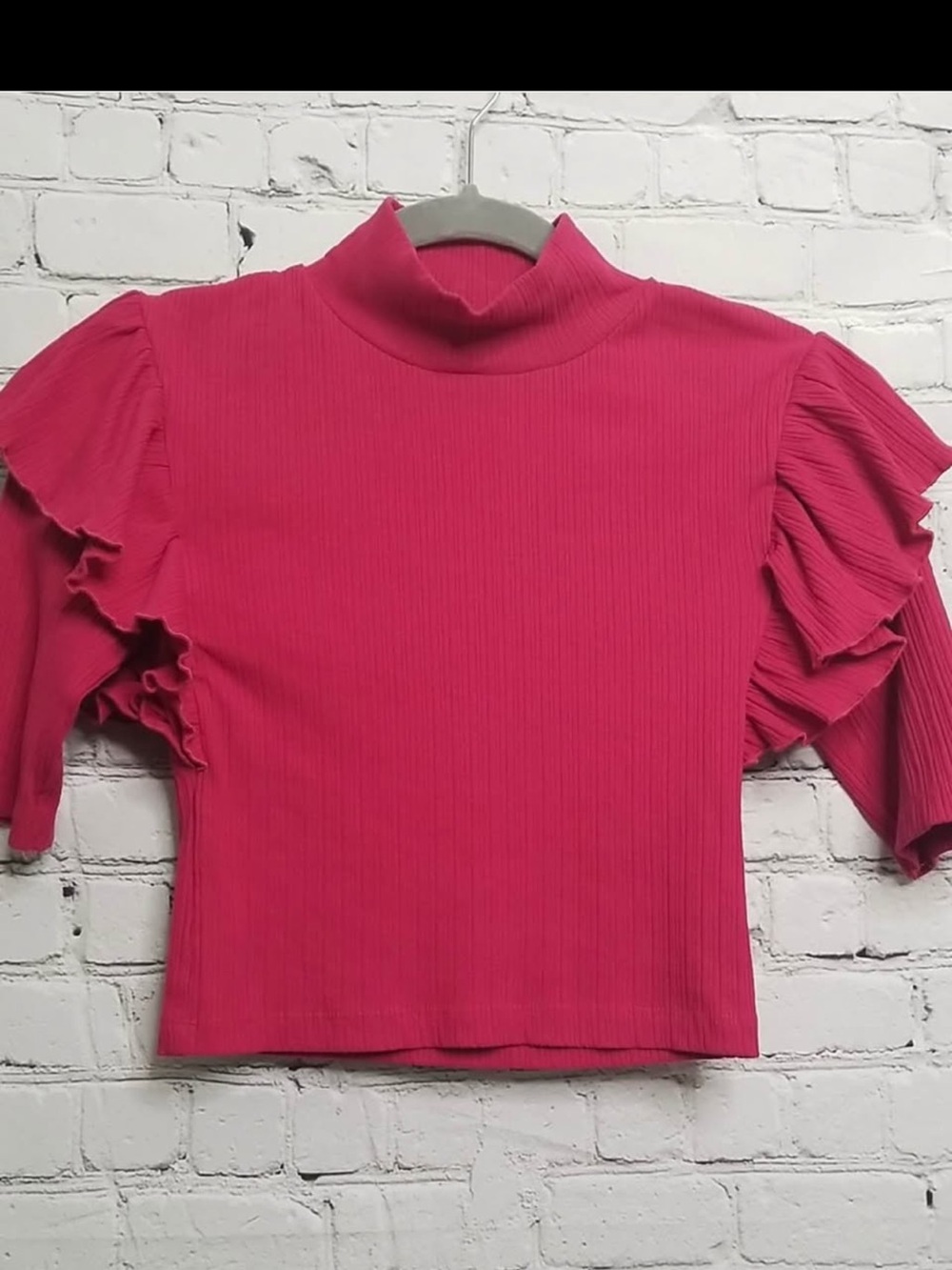 Zara Hot Pink Ribbed Mock Neck Top with Ruffle Sleeves